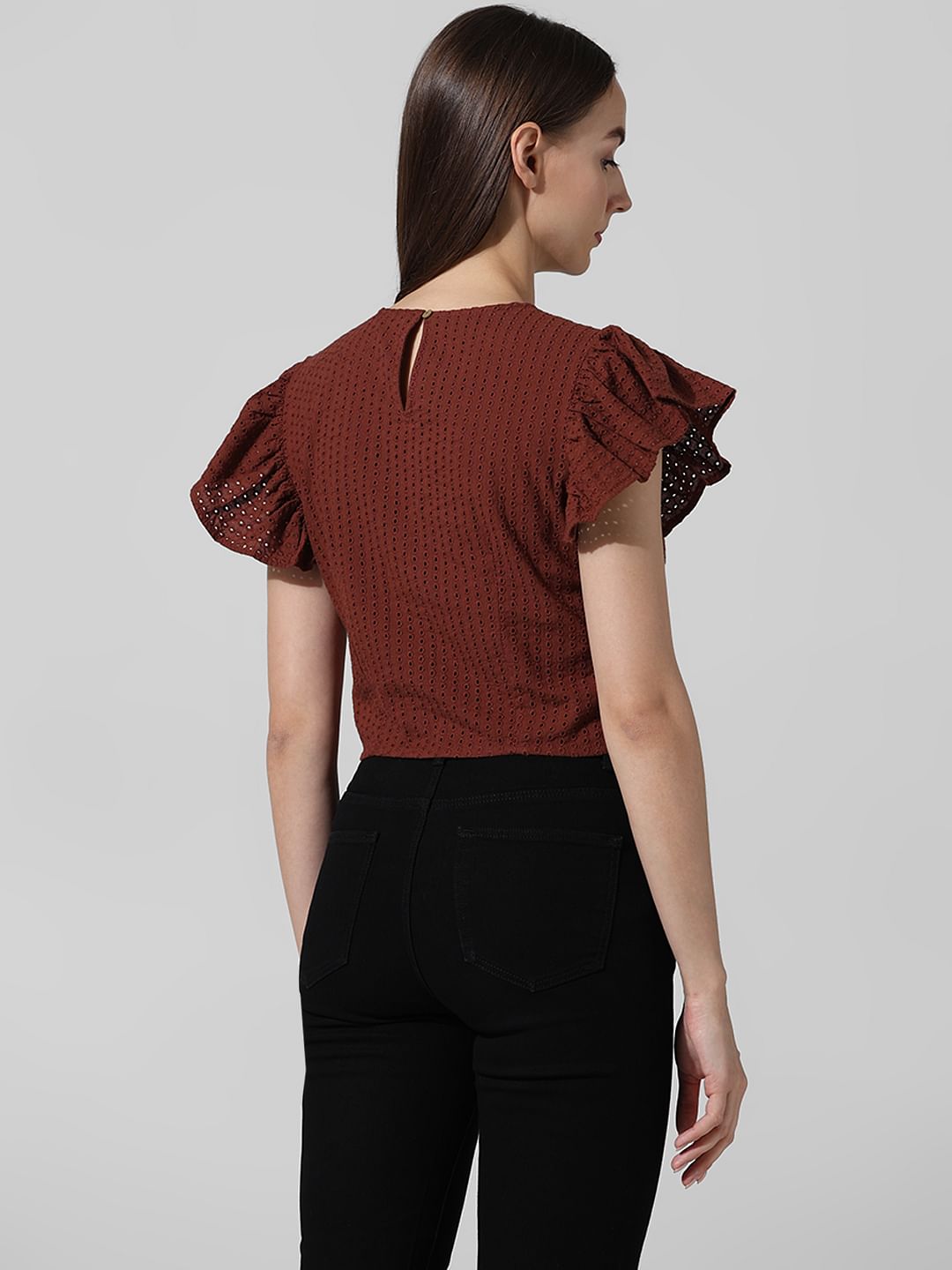 Brown Schiffli Flutter Sleeves Top