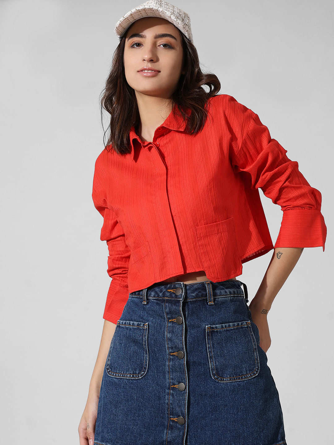 Red Dobby Cropped Shirt