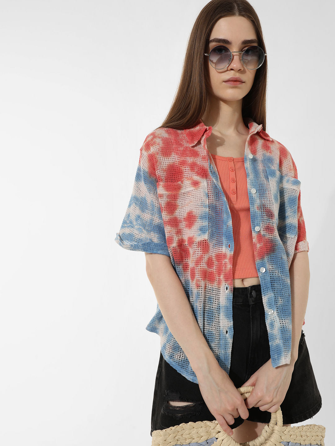 Blue Tie-Dye Cotton Mesh Shirt
