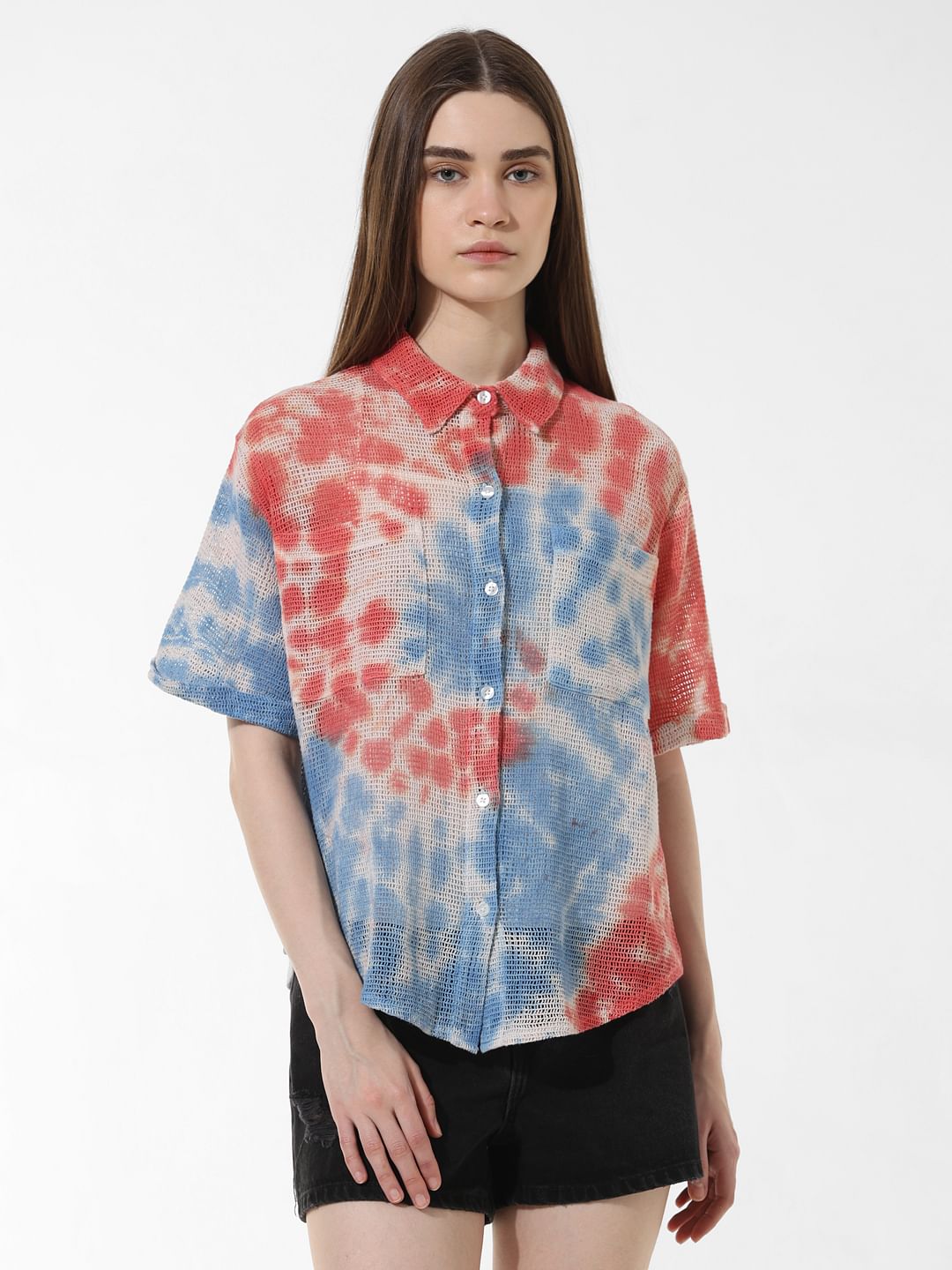 Blue Tie-Dye Cotton Mesh Shirt