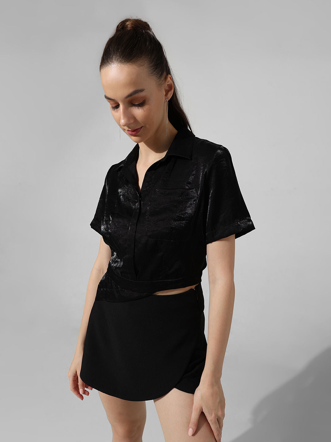 Black Satin Cropped Shirt
