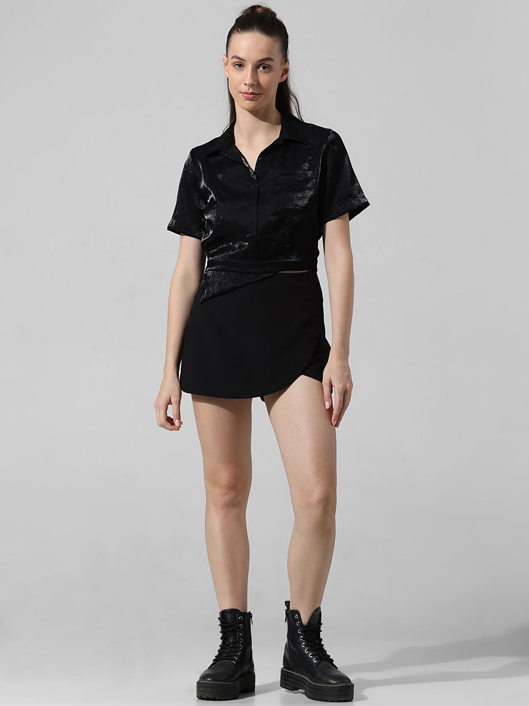 Black Satin Cropped Shirt