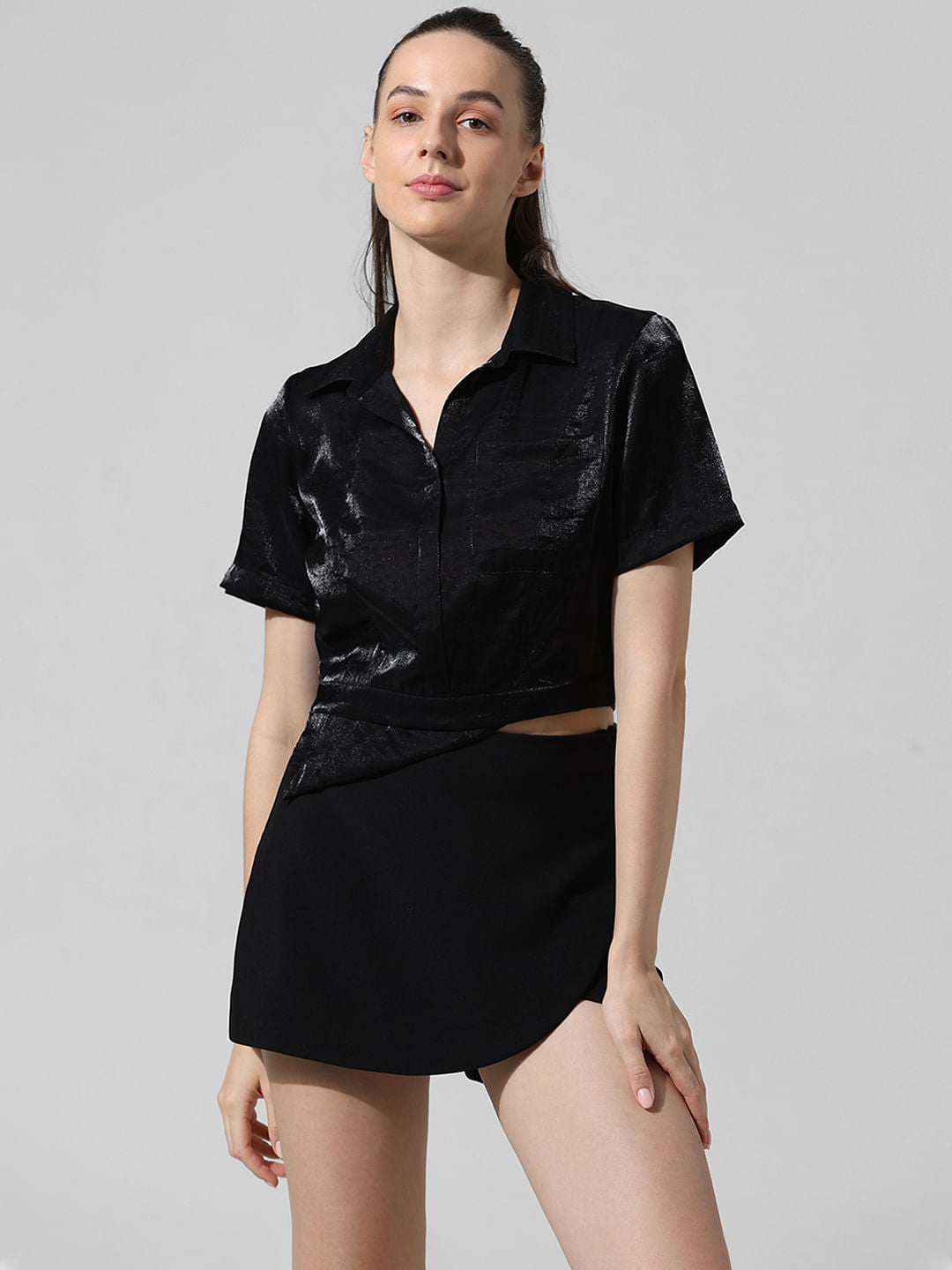 Black Satin Cropped Shirt