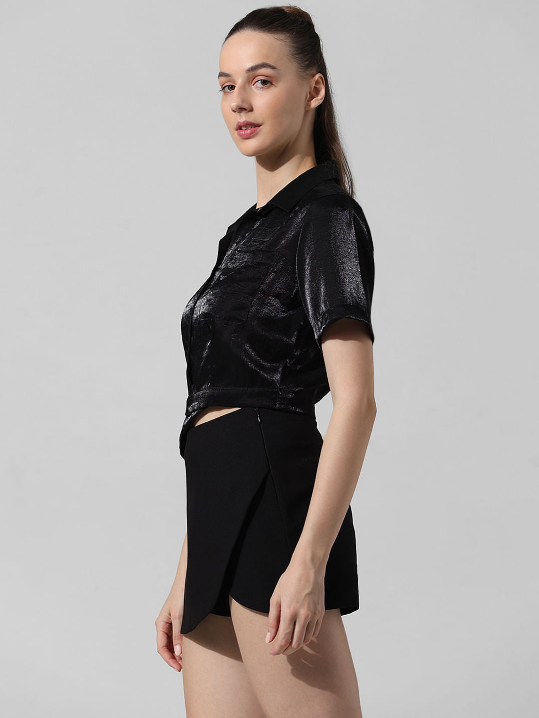 Black Satin Cropped Shirt