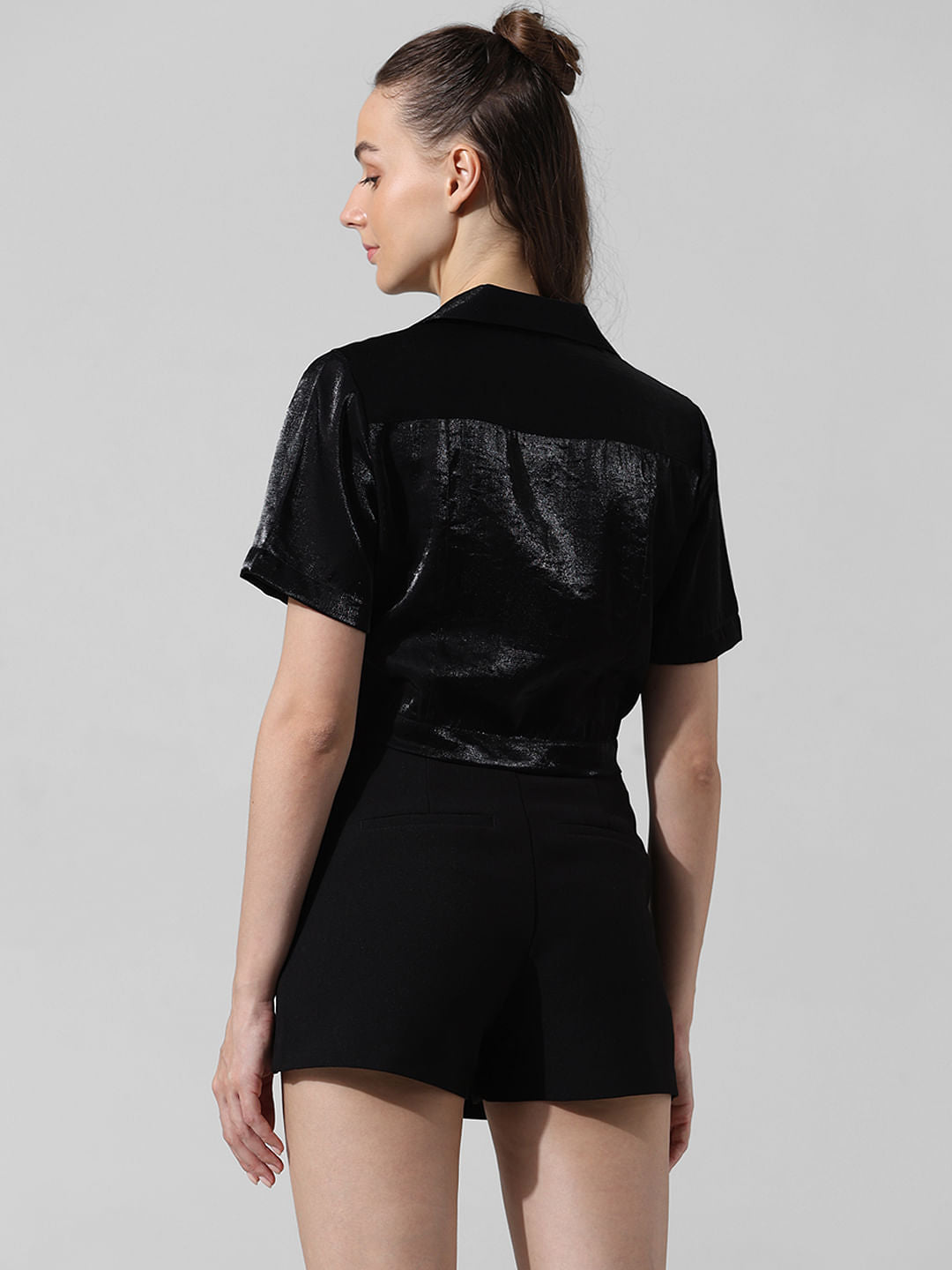 Black Satin Cropped Shirt