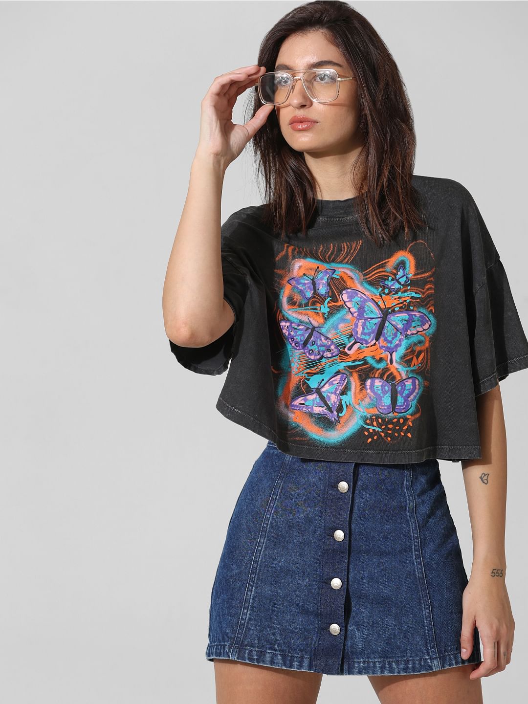 Black Printed Oversized Washed T-Shirt