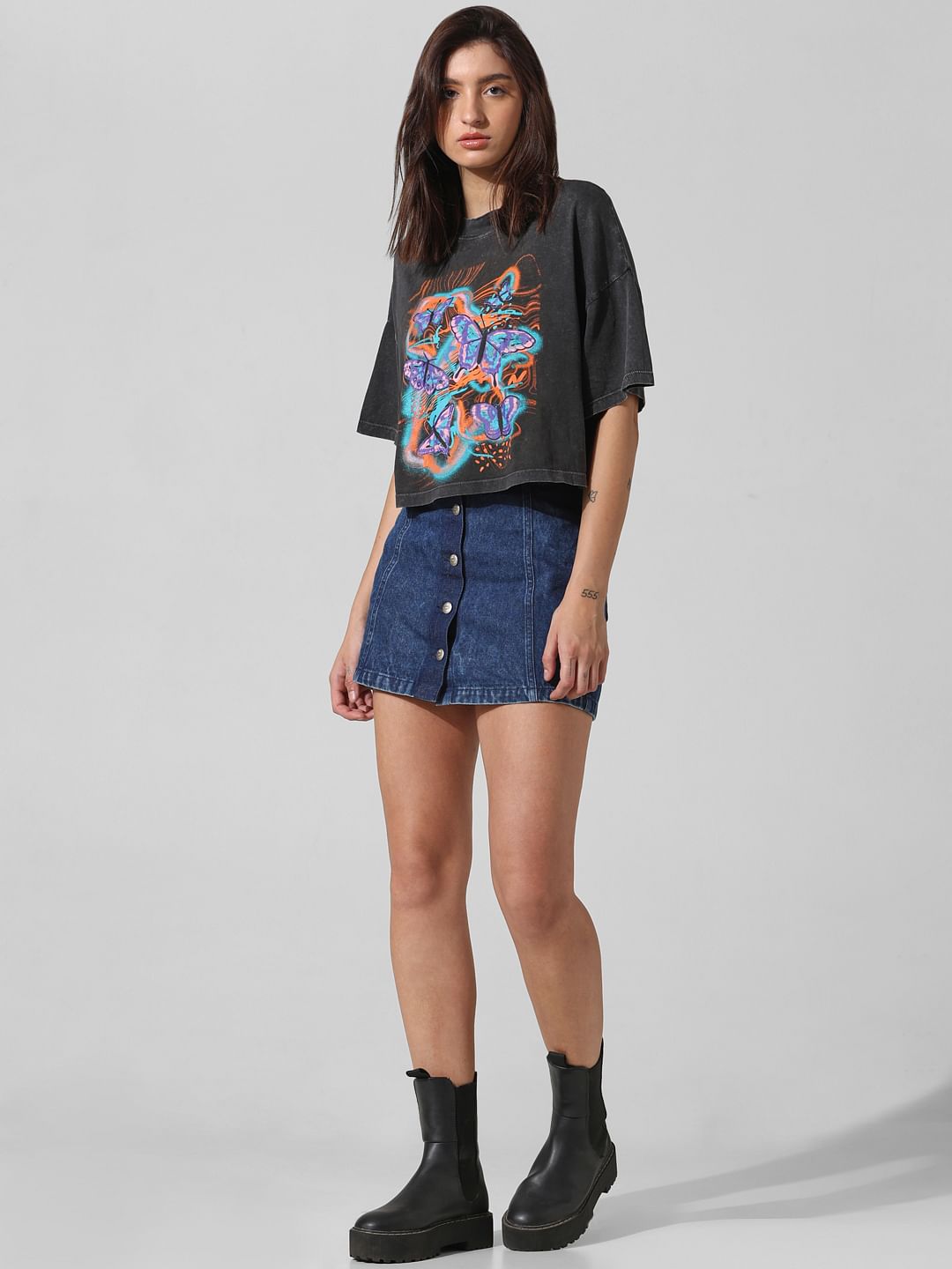 Black Printed Oversized Washed T-Shirt