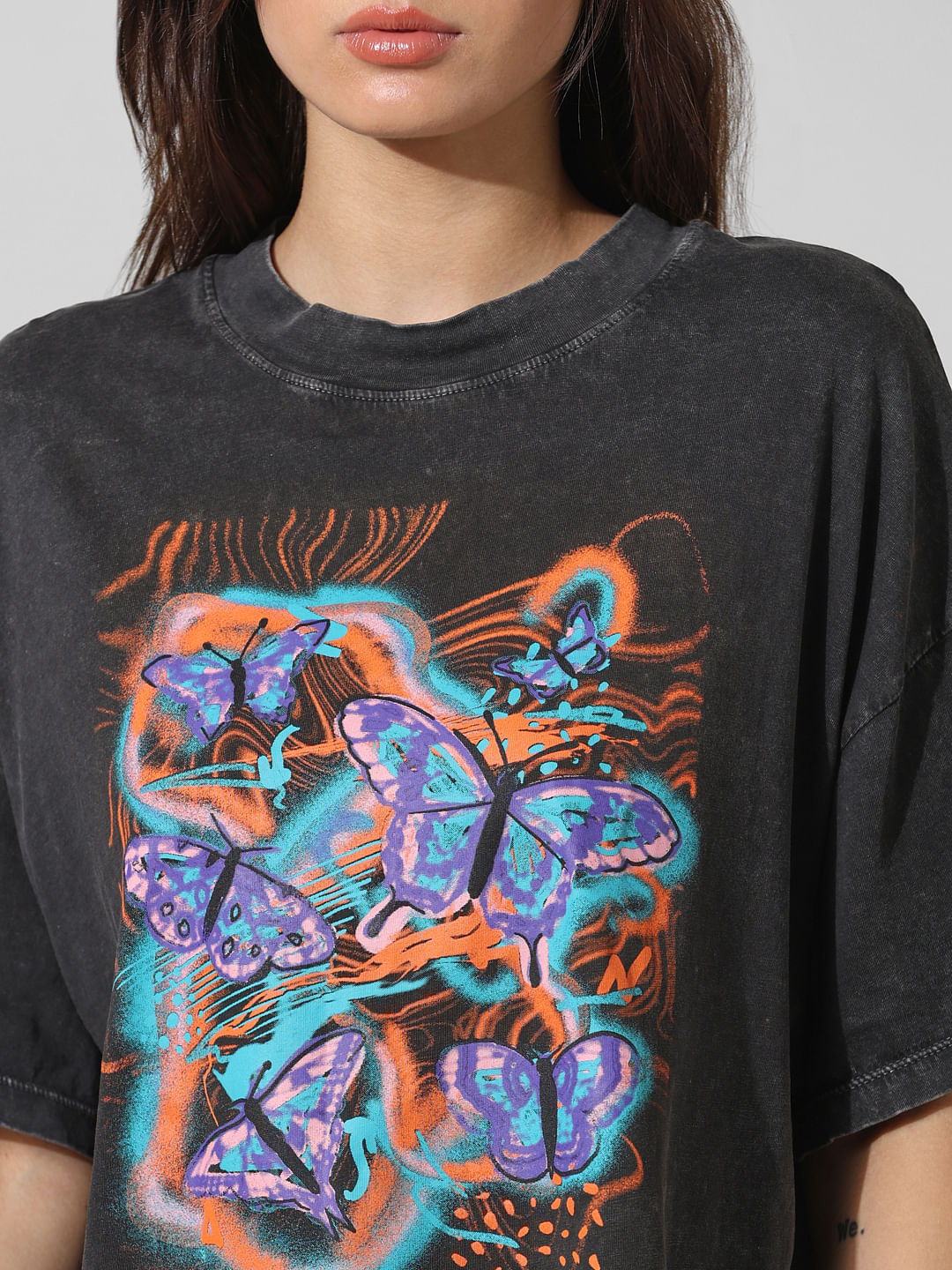 Black Printed Oversized Washed T-Shirt