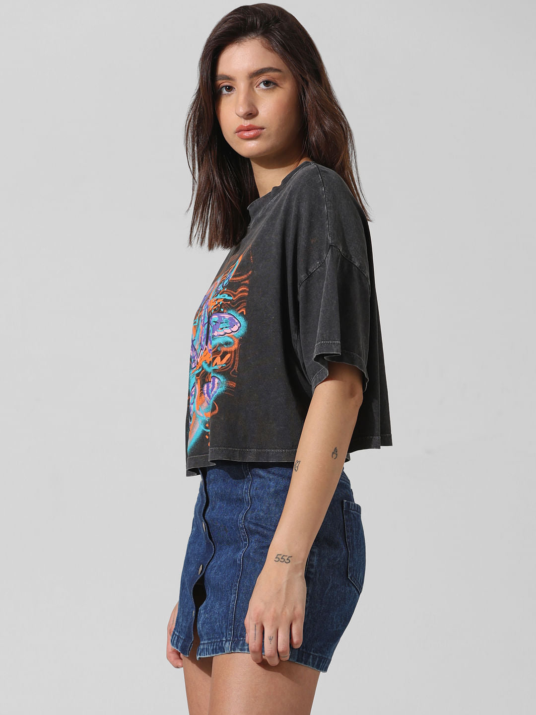 Black Printed Oversized Washed T-Shirt