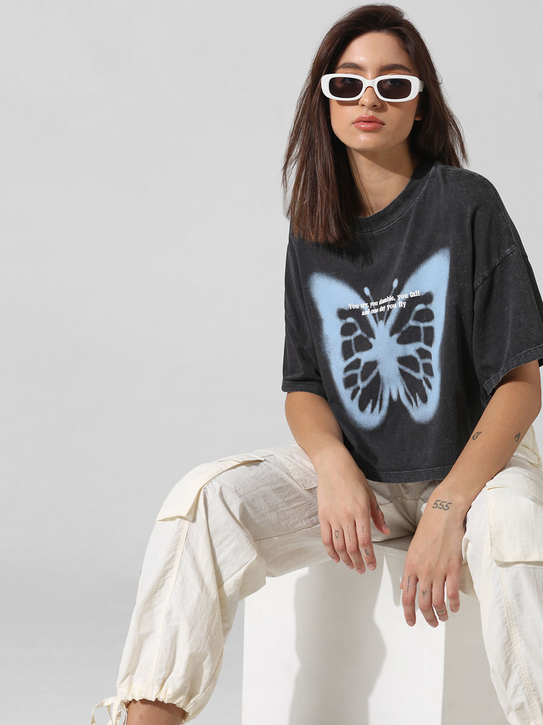 Black Printed Oversized Washed T-Shirt