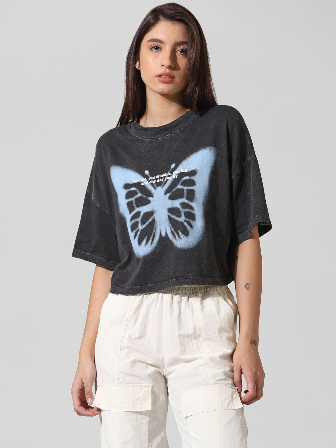 Black Printed Oversized Washed T-Shirt