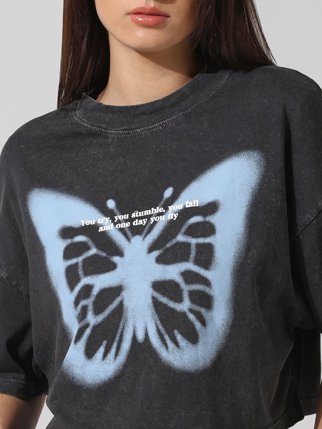 Black Printed Oversized Washed T-Shirt