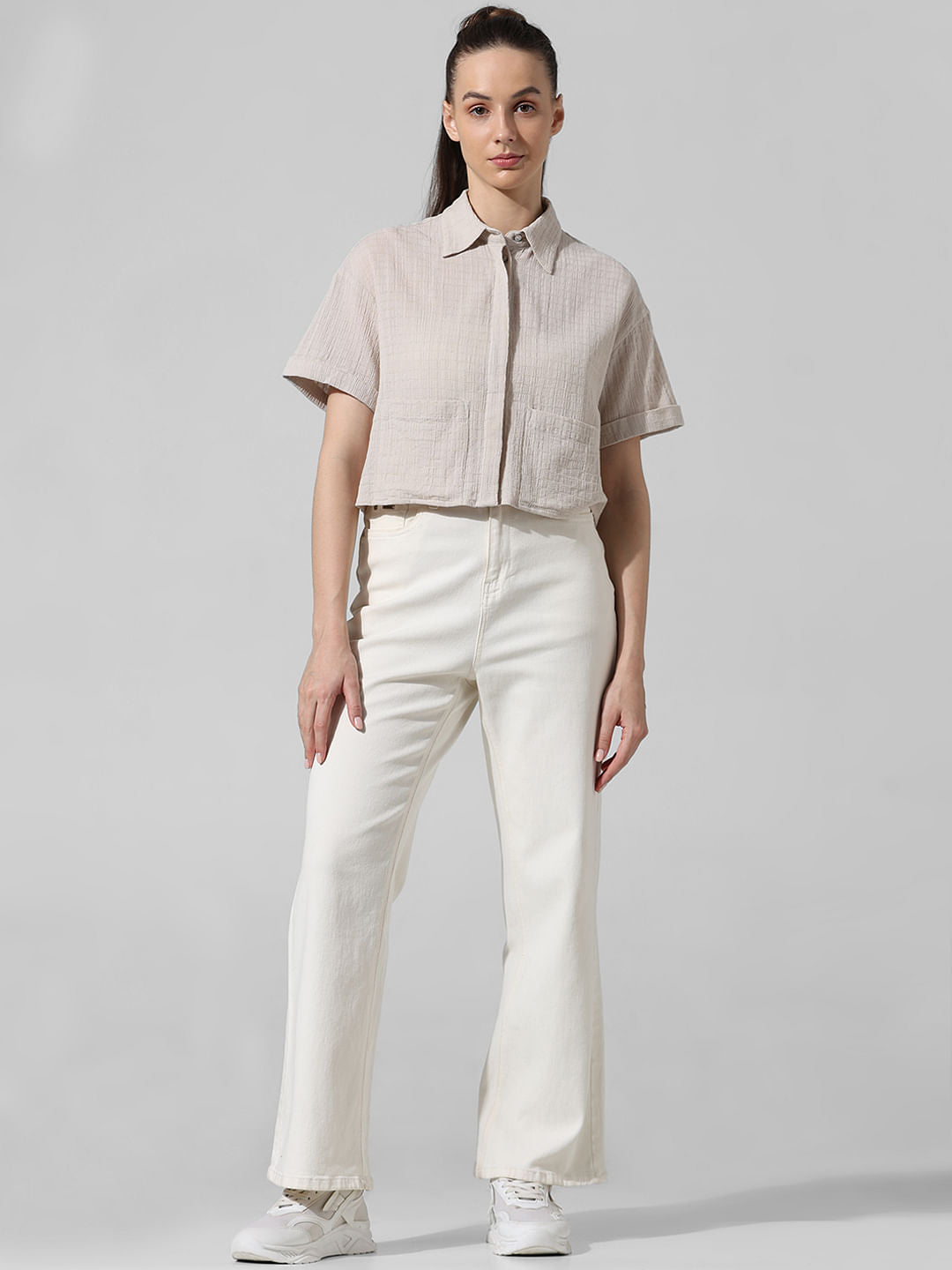 Beige Textured Boxy Fit Shirt