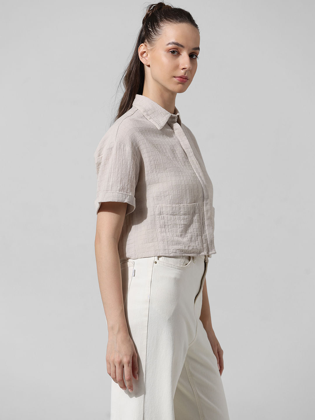 Beige Textured Boxy Fit Shirt