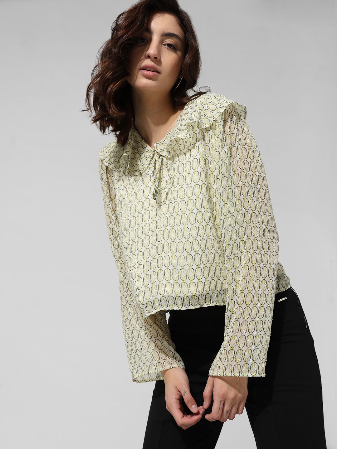 Green Peter Pan Collar Printed Top