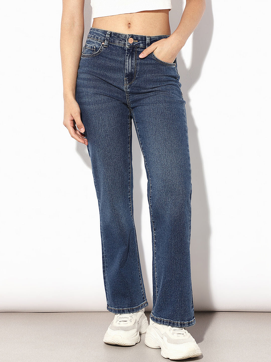 Dark Blue Mid Rise Flared Jeans