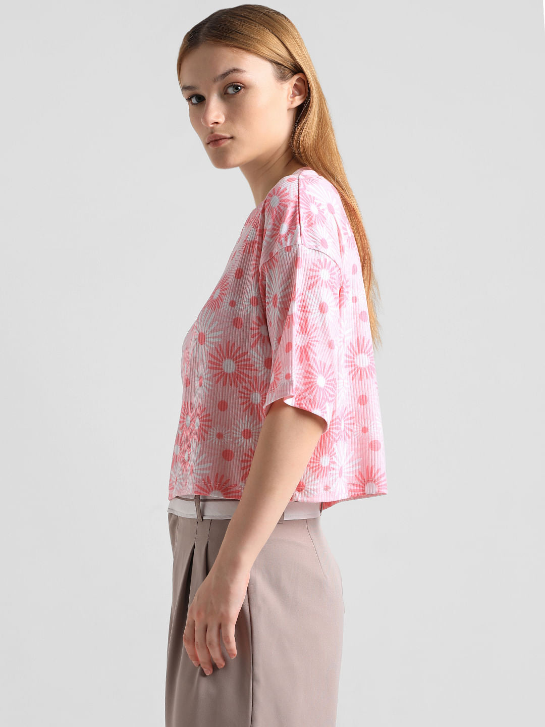 Pink Printed Ribbed T-Shirt