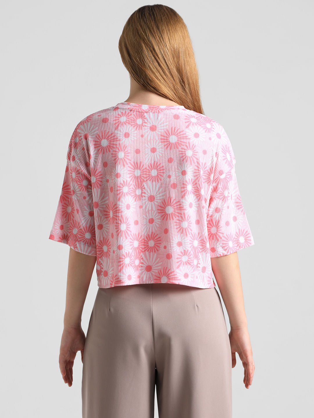 Pink Printed Ribbed T-Shirt