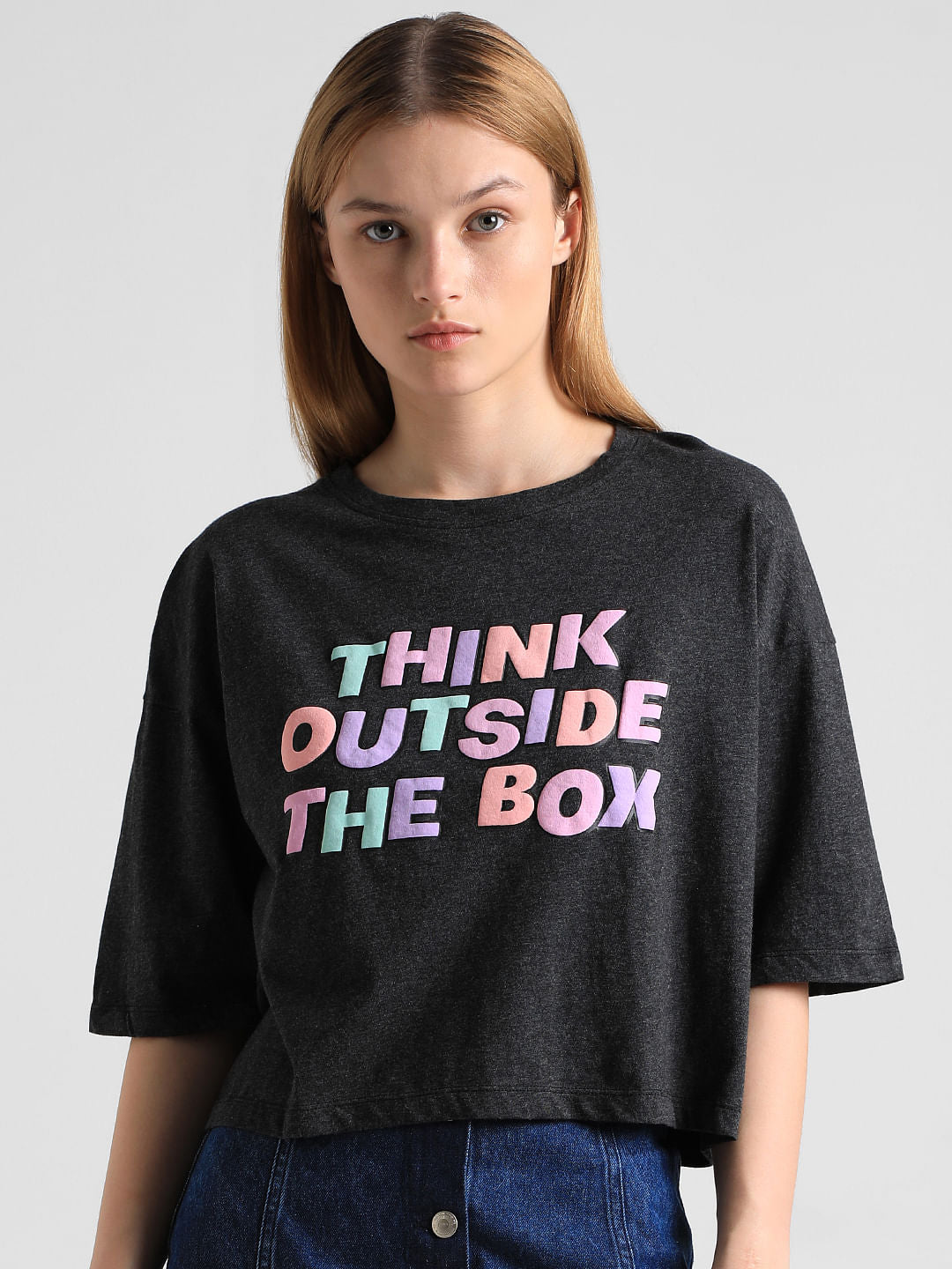 Black Text Print Boxy Fit T-Shirt