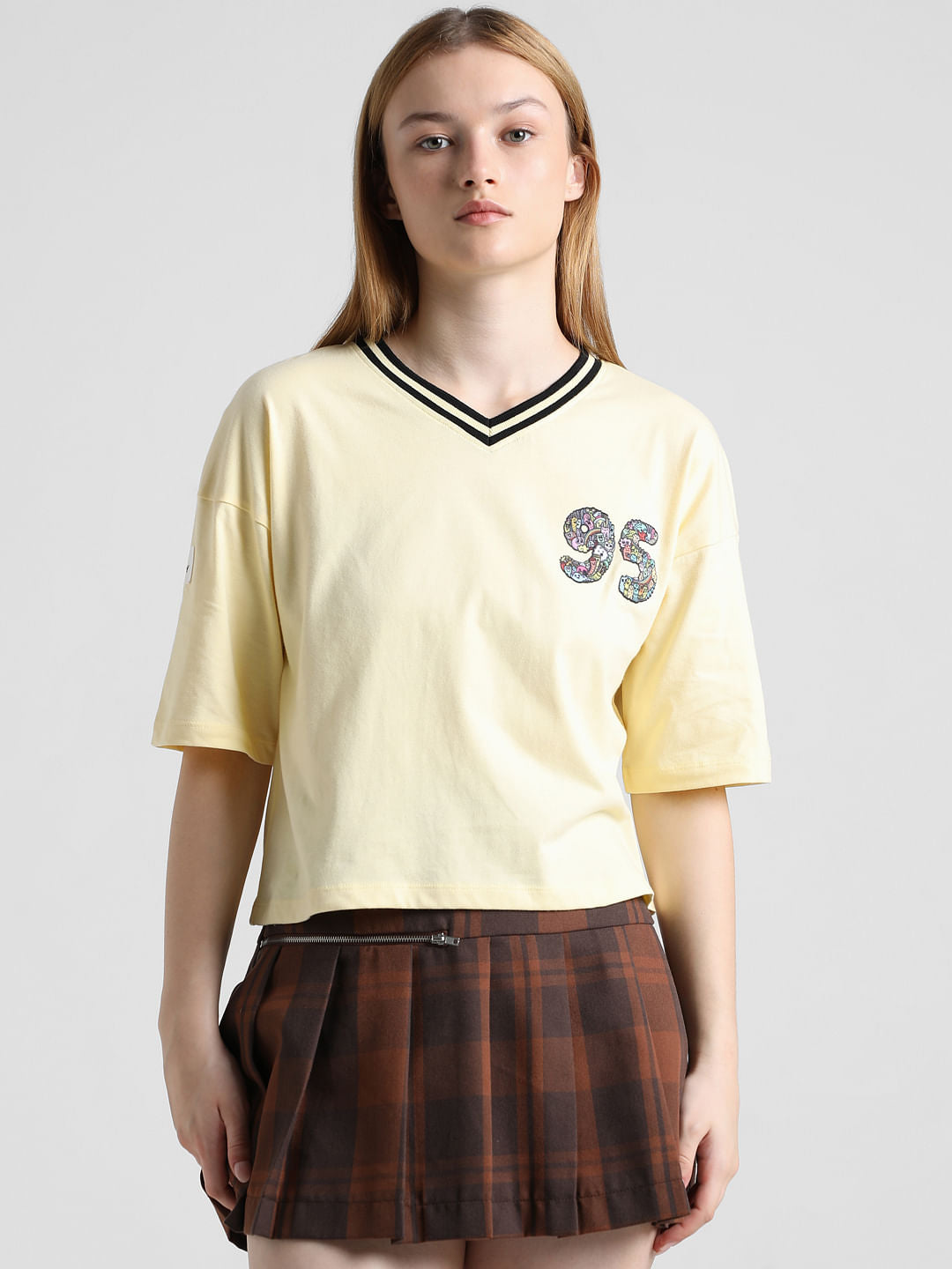 Yellow Printed V-Neck T-Shirt