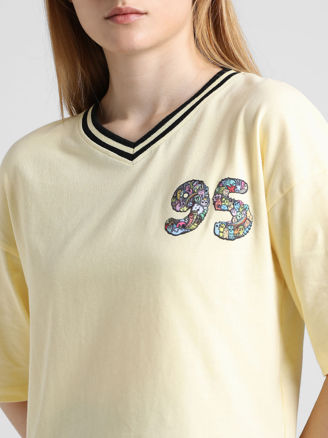 Yellow Printed V-Neck T-Shirt