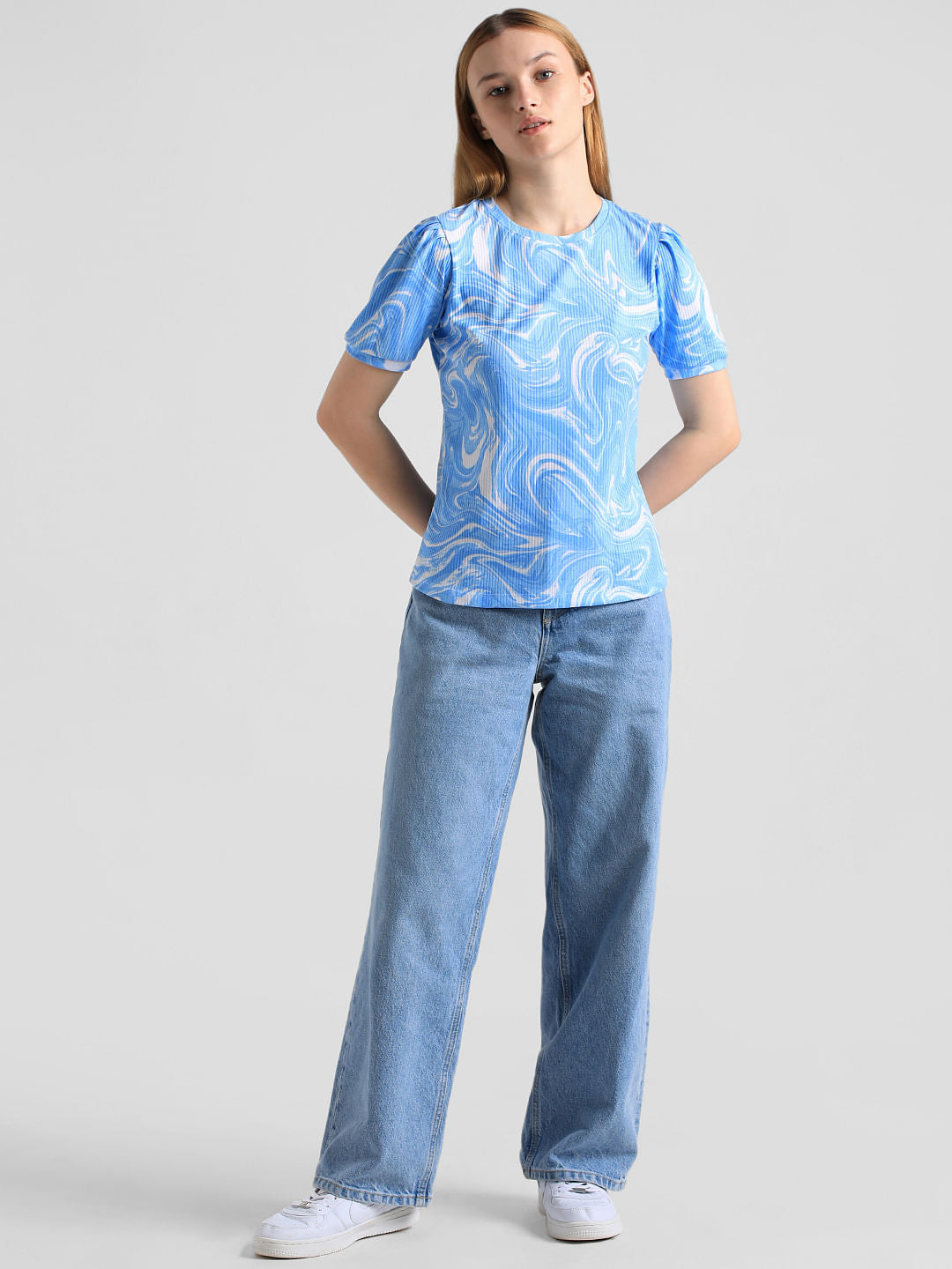 Blue Marble Effect Ribbed T-Shirt