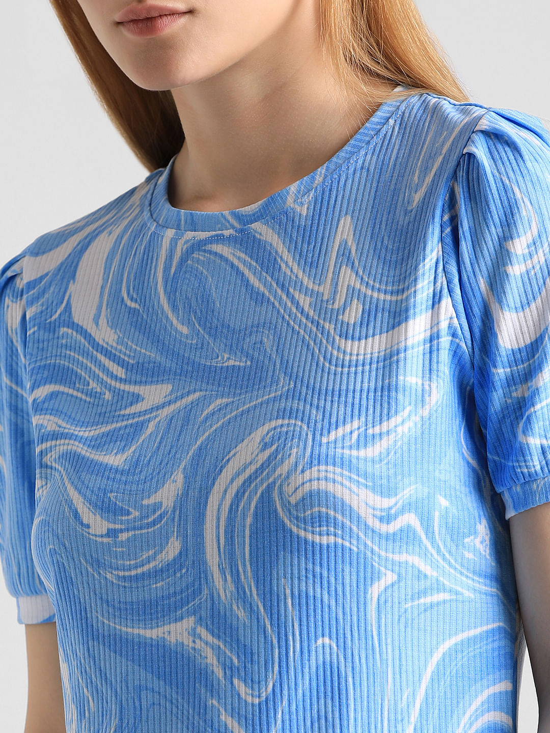 Blue Marble Effect Ribbed T-Shirt