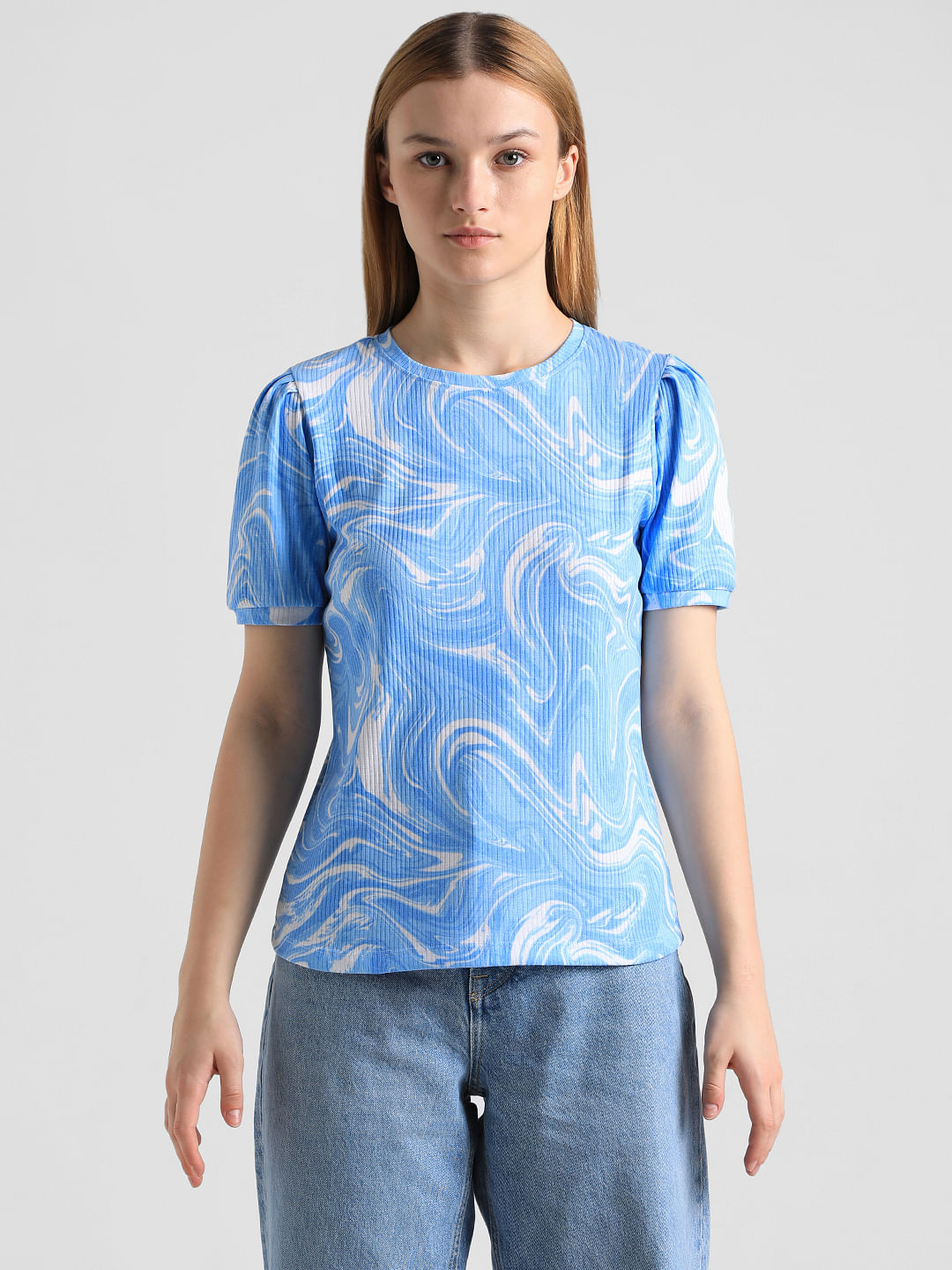 Blue Marble Effect Ribbed T-Shirt