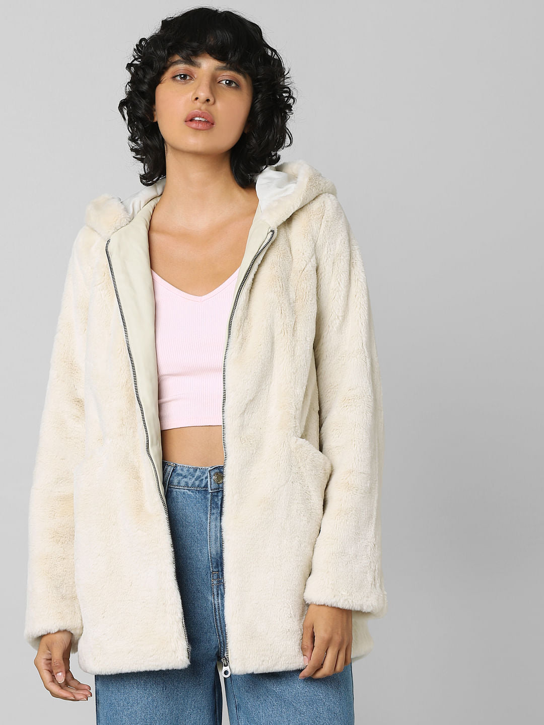 Beige Faux Fur Hooded Coat