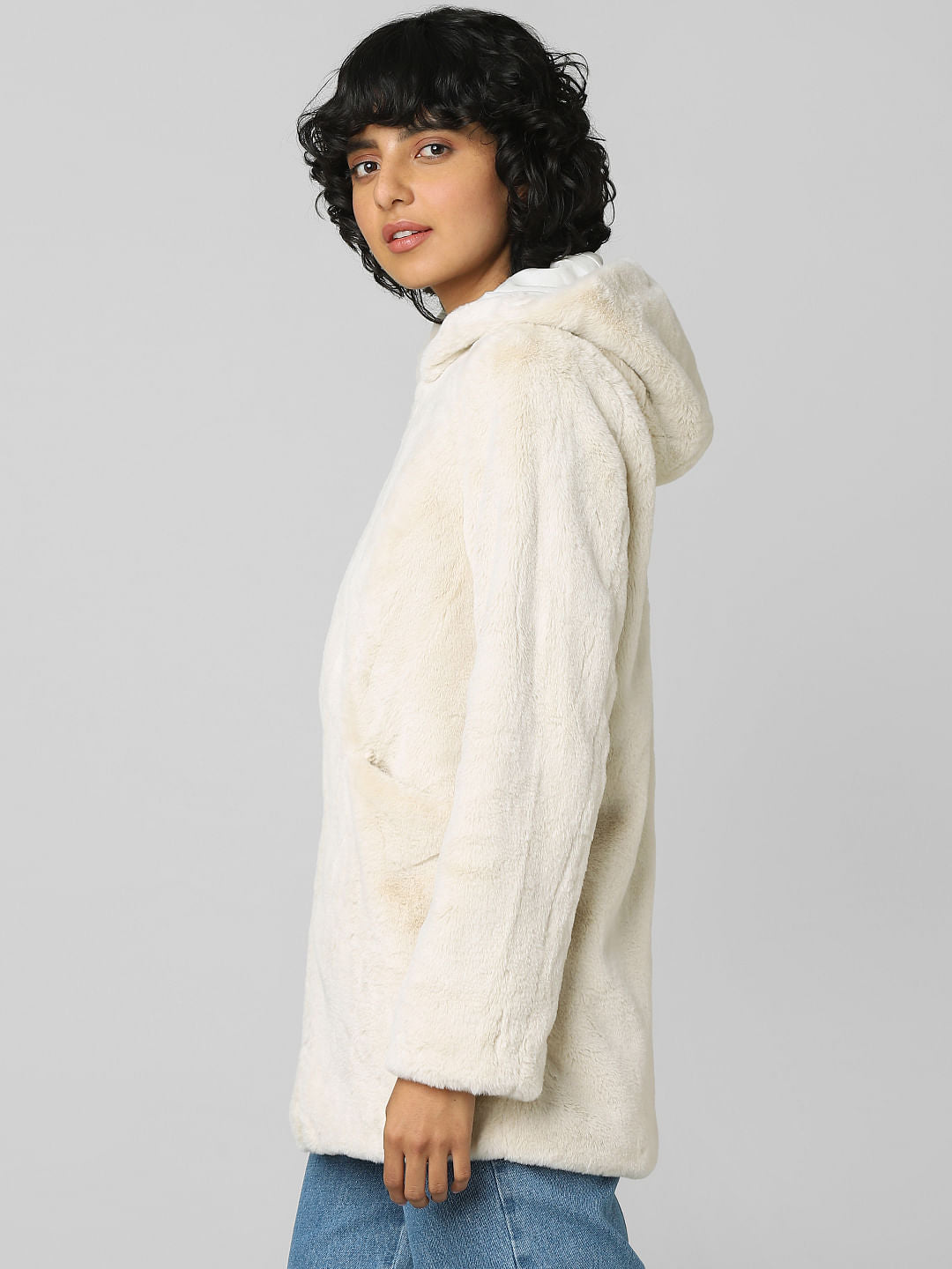 Beige Faux Fur Hooded Coat