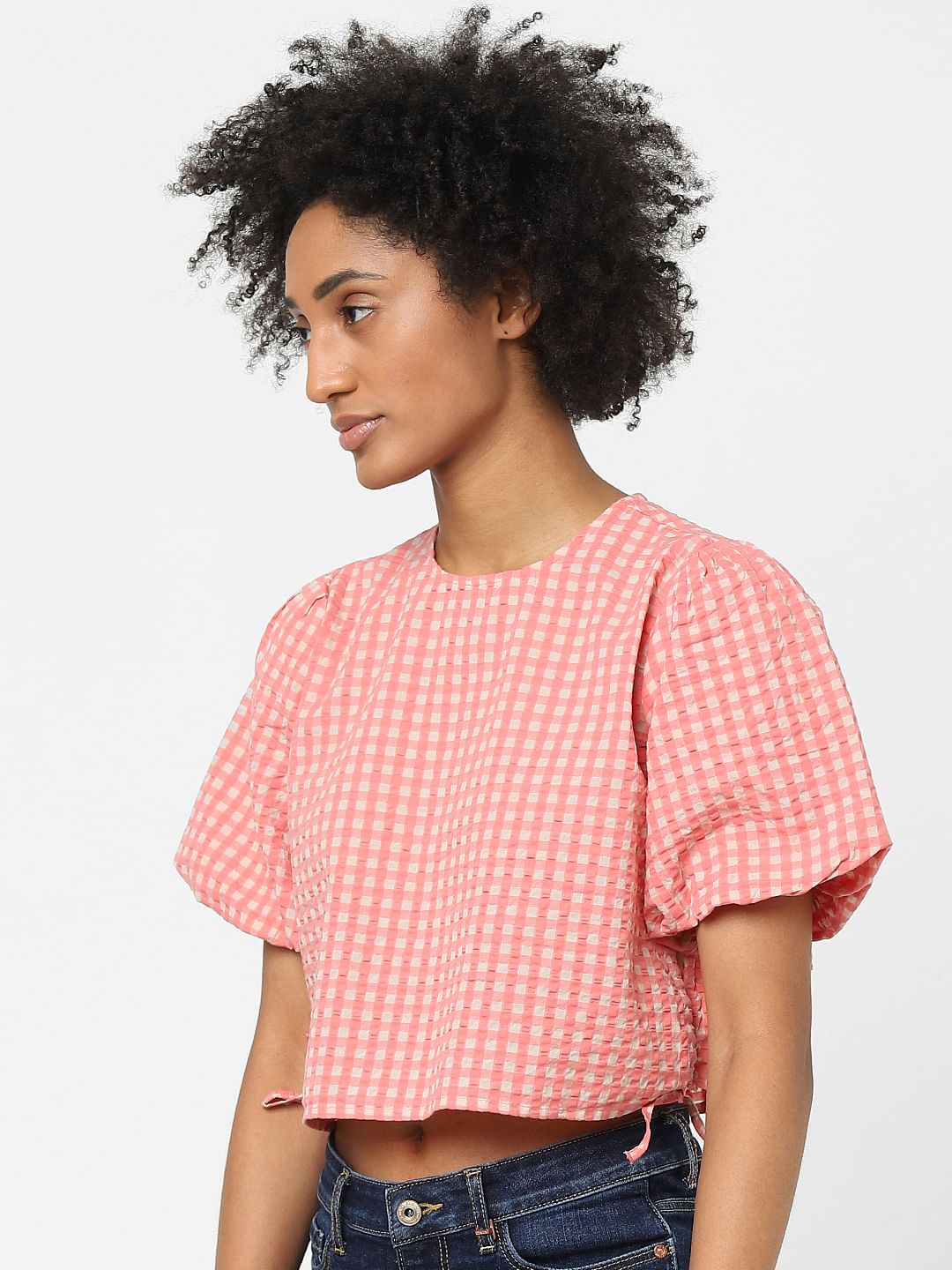 Pink Gingham Check Crop Top