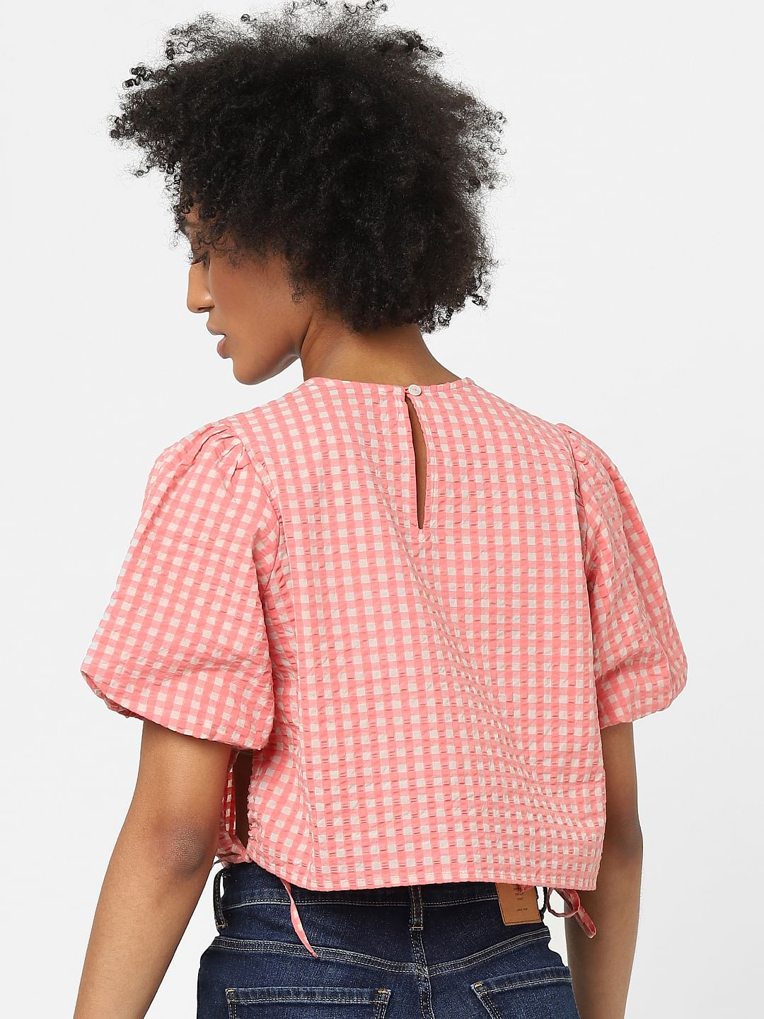Pink Gingham Check Crop Top