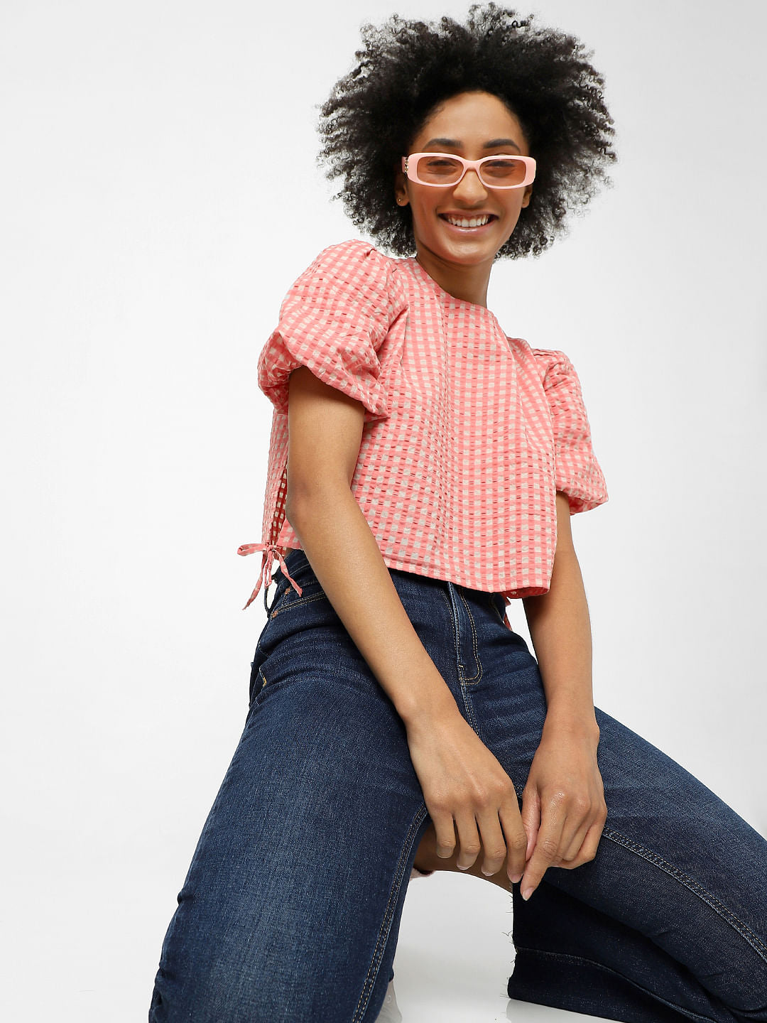 Pink Gingham Check Crop Top