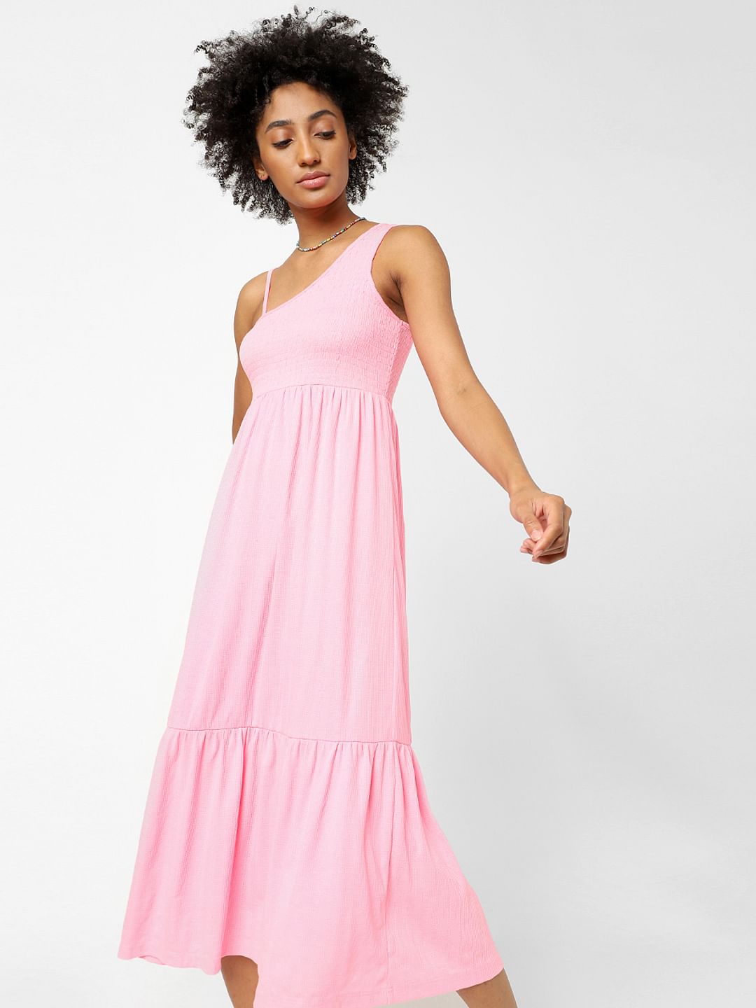 Pink One-Shoulder Midi Dress