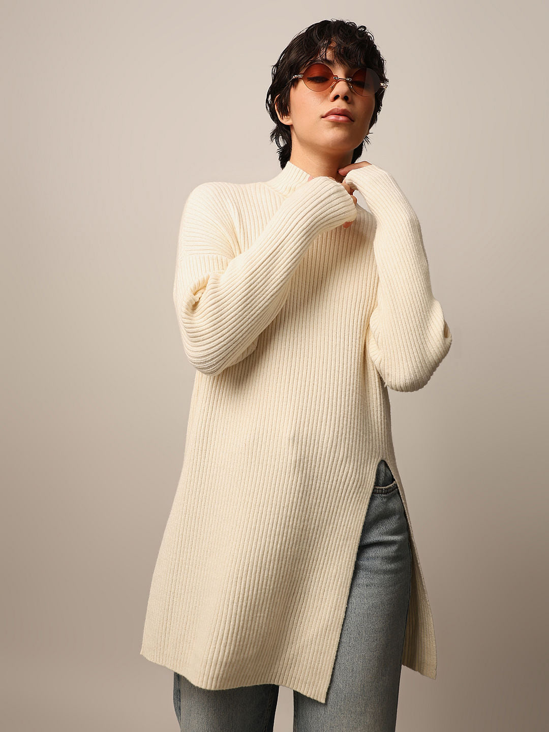 Cream Slit Long Pullover