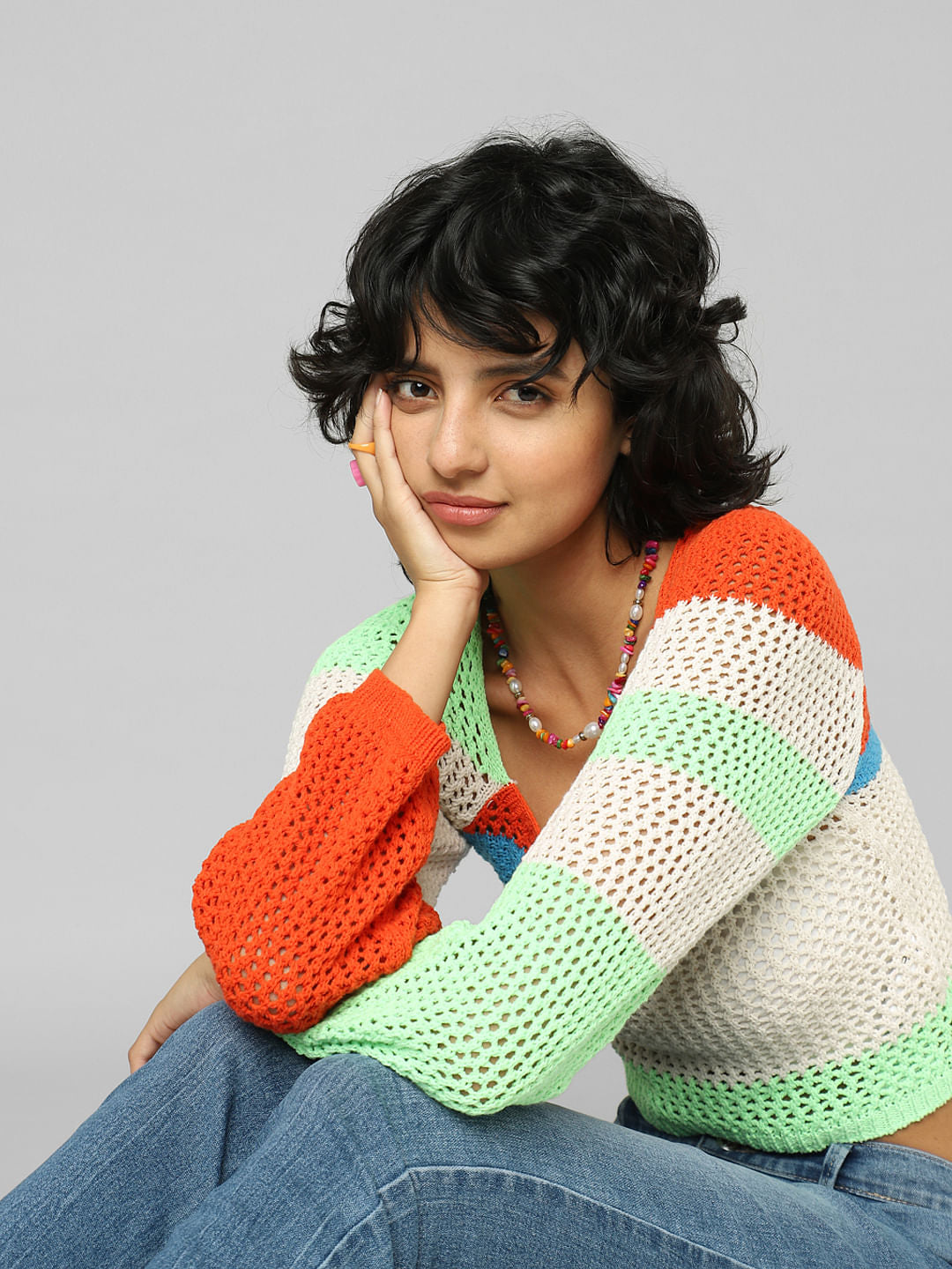 Beige Hole-Knit Colourblocked Pullover