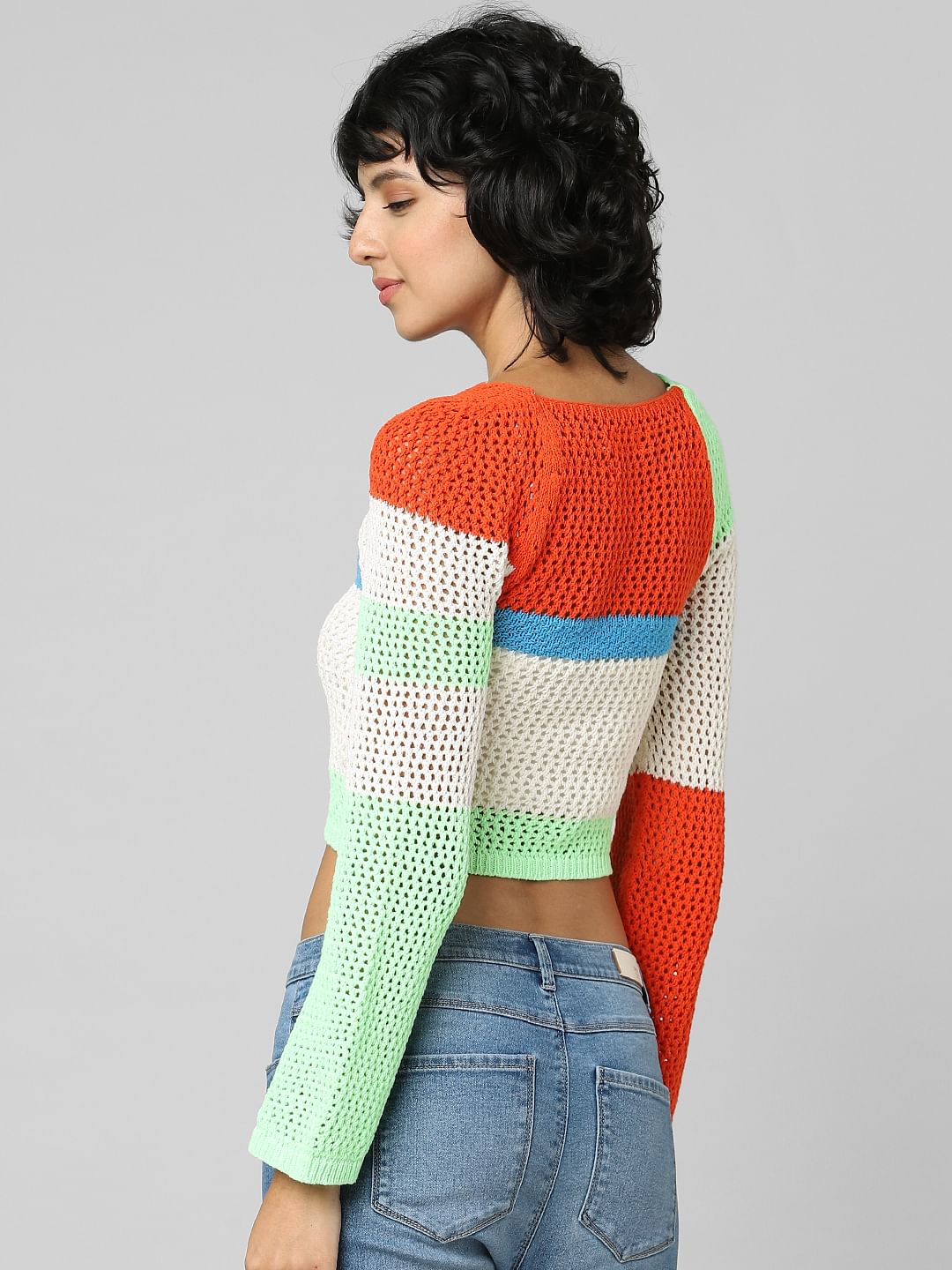 Beige Hole-Knit Colourblocked Pullover