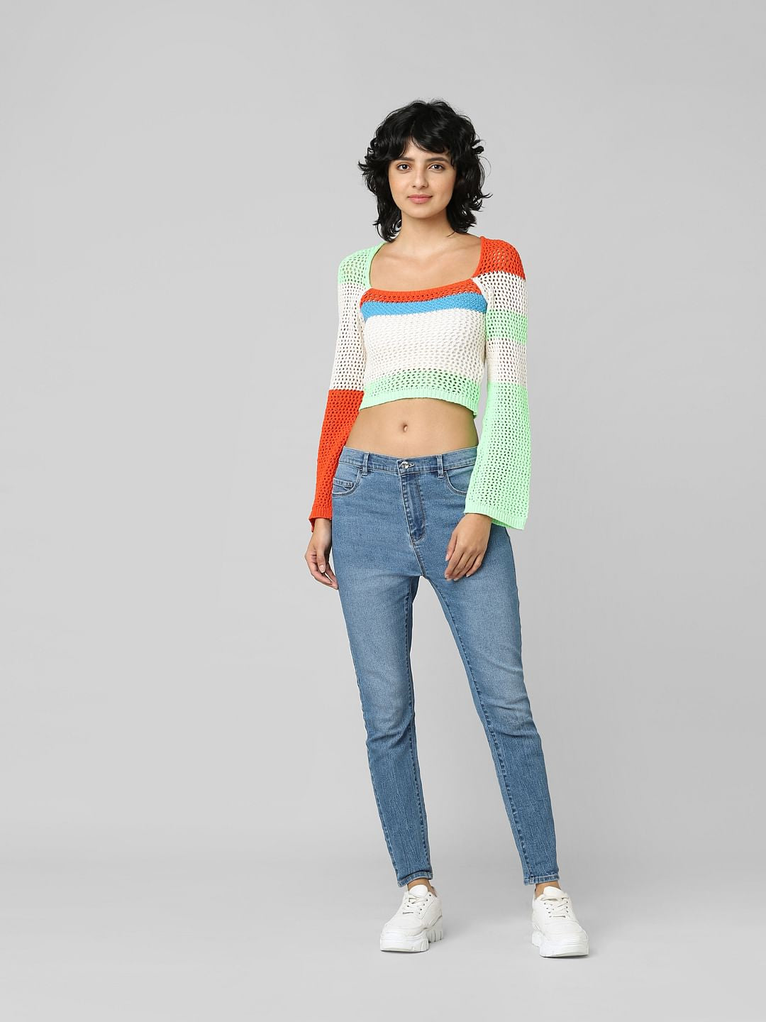 Beige Hole-Knit Colourblocked Pullover