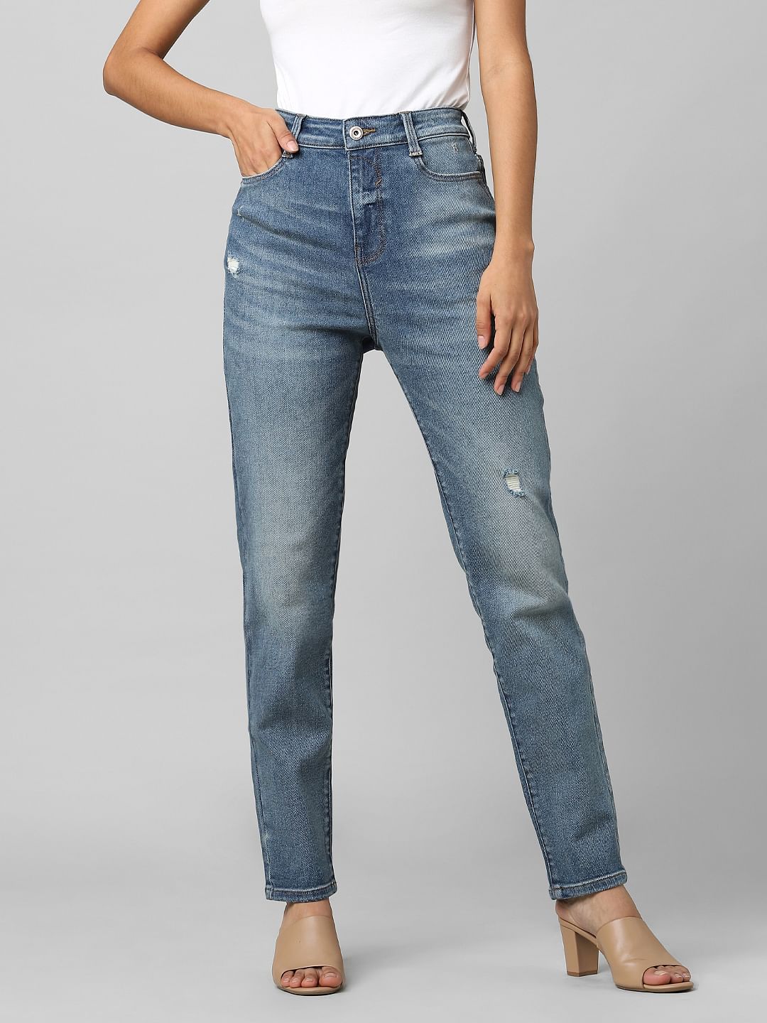 Blue High Rise Distressed Straight Jeans