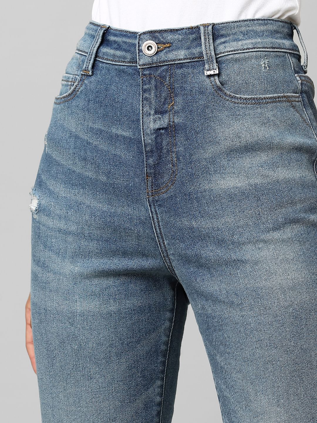 Blue High Rise Distressed Straight Jeans