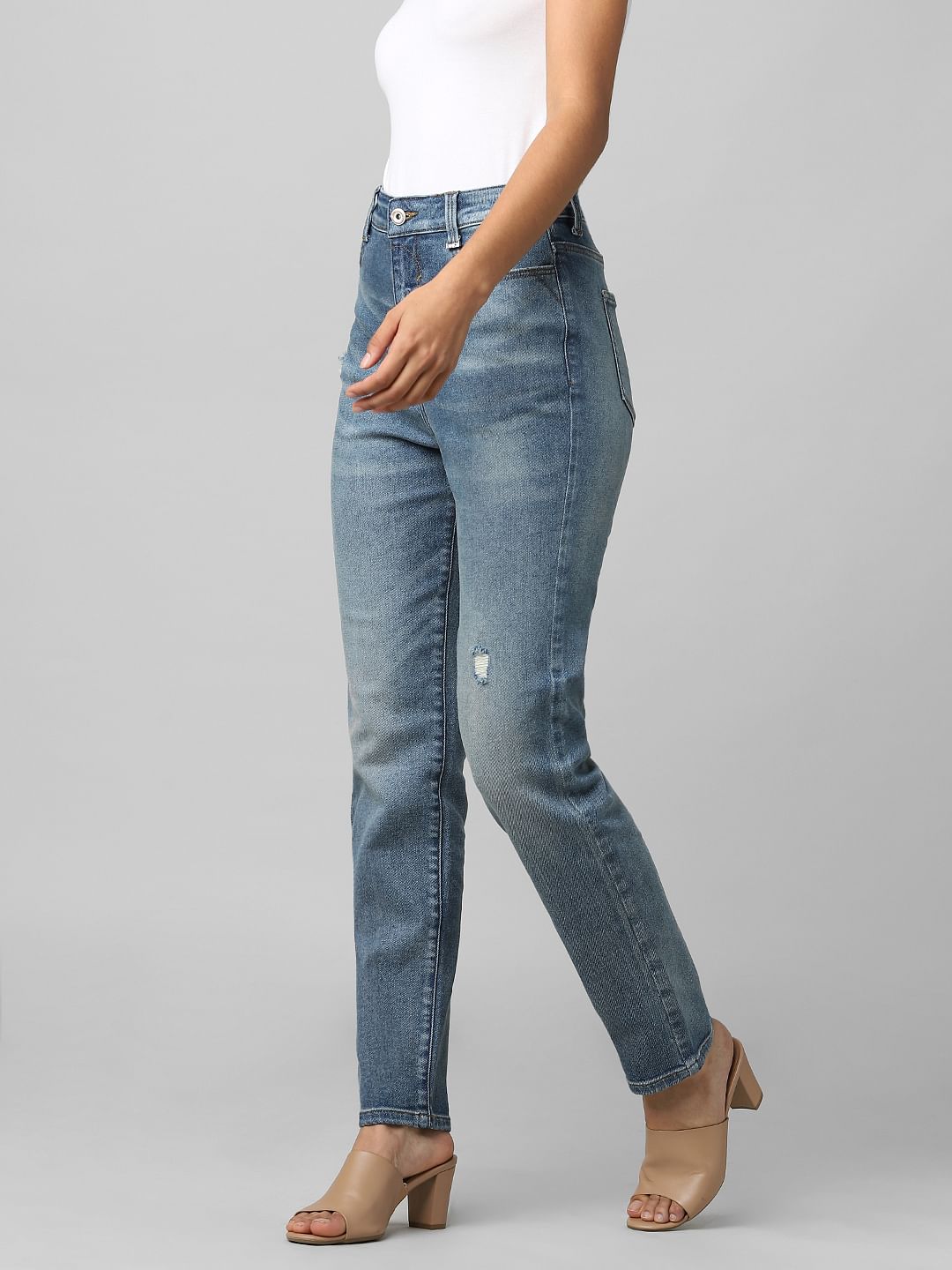 Blue High Rise Distressed Straight Jeans