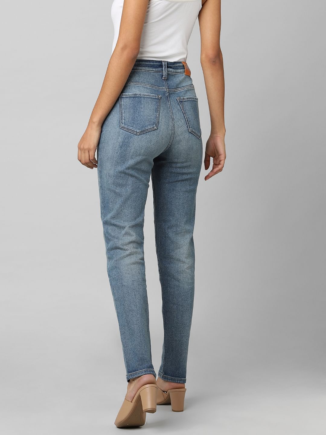 Blue High Rise Distressed Straight Jeans