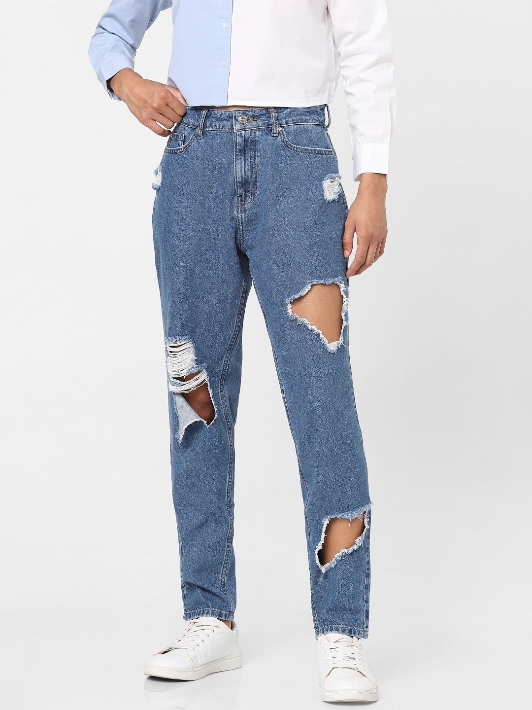 Blue Heavy Distressed Straight Jeans