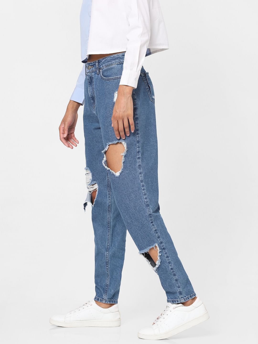 Blue Heavy Distressed Straight Jeans