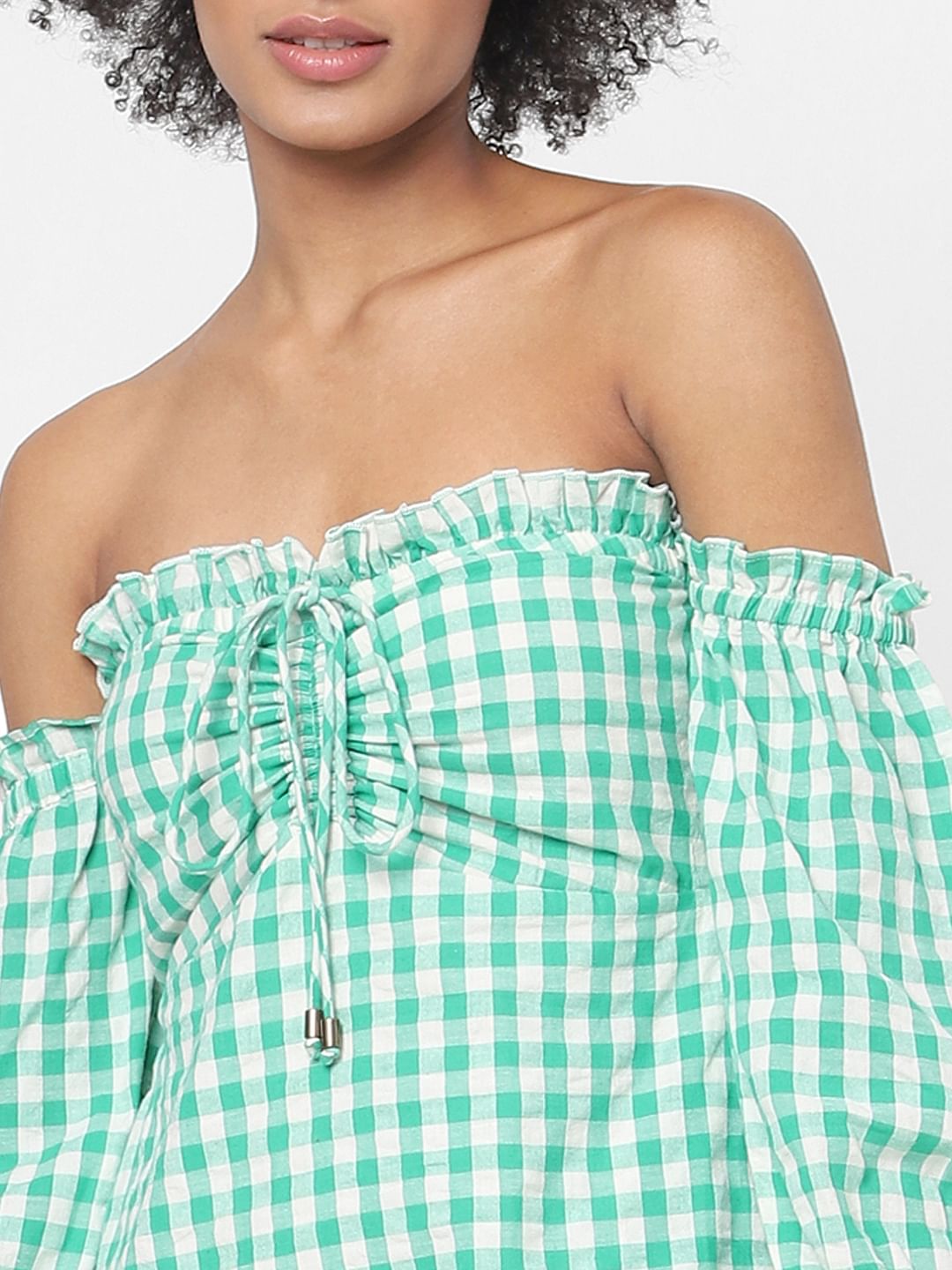Green Checked Off Shoulder Dress