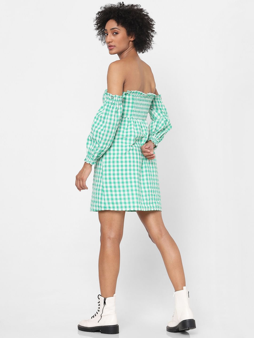 Green Checked Off Shoulder Dress