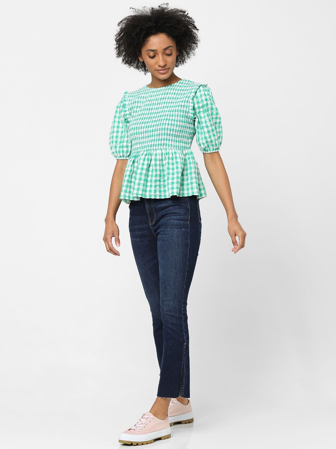 Green Checked Peplum Top
