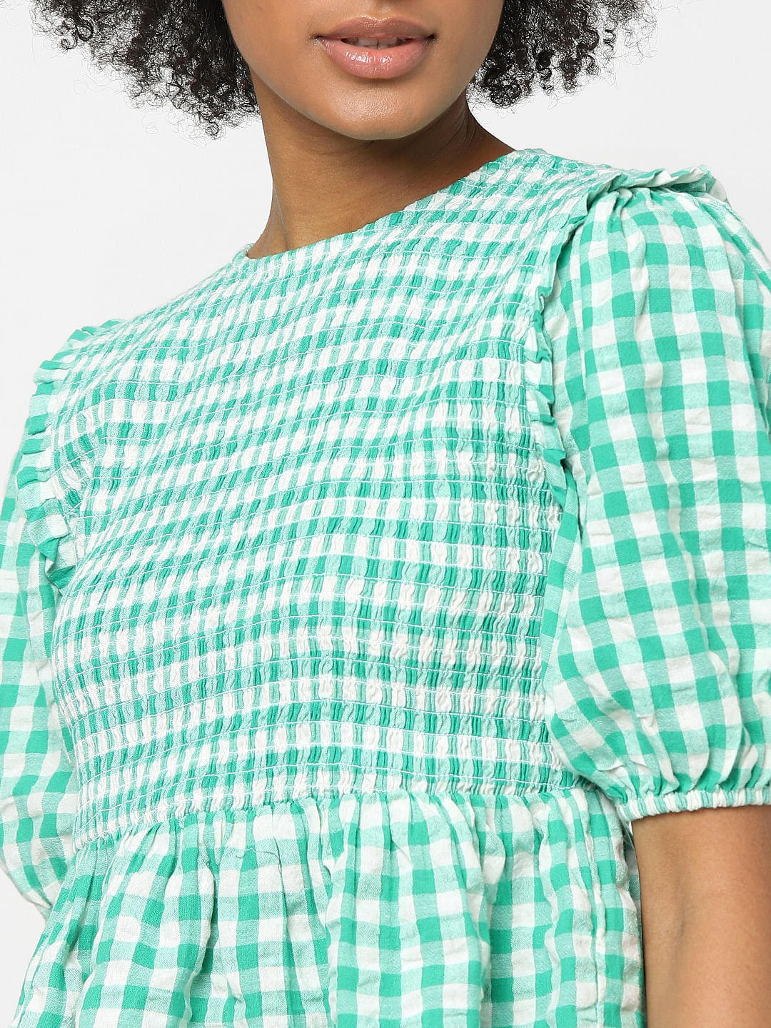Green Checked Peplum Top