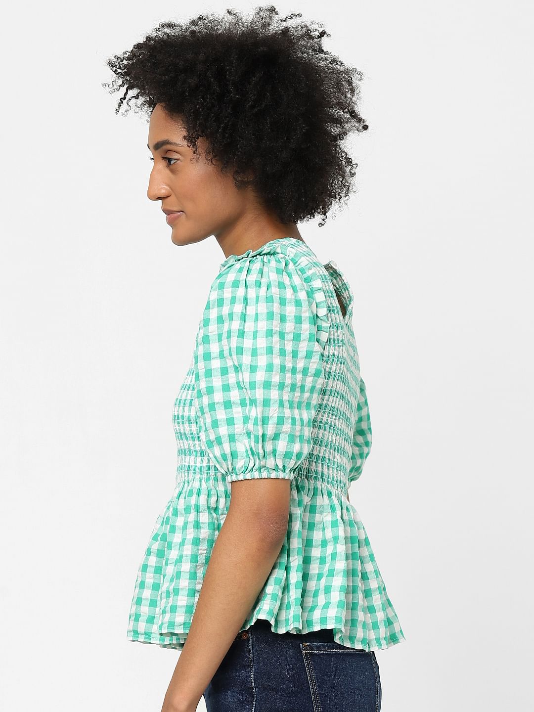 Green Checked Peplum Top