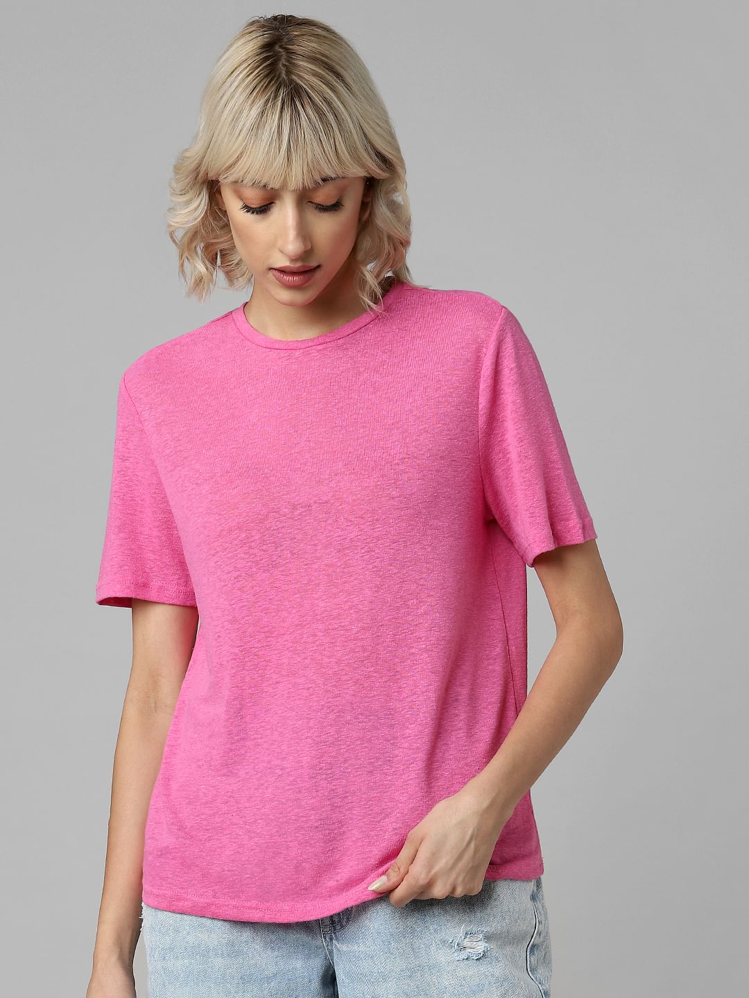 Pink Linen Blend T-Shirt